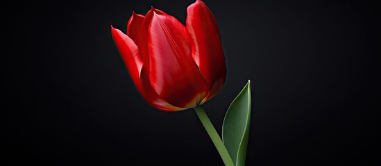 Wall Mural - a vibrant vibrant red tulip stands alone on a black background filling the frame plenty of space aro