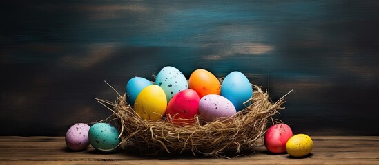 Easter themed wicker nest holding colorful painted eggs showcased on a wooden table with plenty of blank space for further imagery. Copy space image. Place for adding text and design