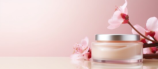 Sticker - Close up of a jar containing cosmetic cream alongside flowers on a light pink background Depicting natural cosmetics beauty and skincare Copy space available