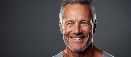 Poster - An attractive older man with a friendly smile poses shirtless applying face serum The photo has a grey background depicting male beauty skincare routine and daily age related procedures Copy space im