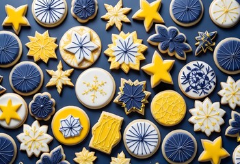 Wall Mural - National sugar cookie day with a lot cookies are holding in plates onto the table behind luxrious view 