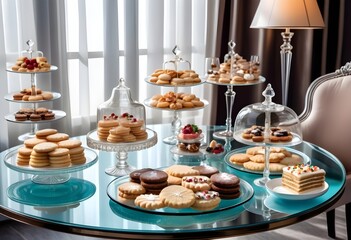 Wall Mural - National sugar cookie day with a lot cookies are holding in plates onto the table behind luxrious view 