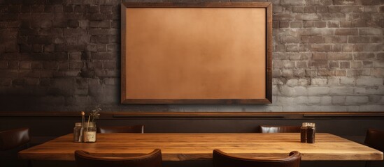 Poster - In the Bar restaurant cafe there is a wooden table with a menu frame placed on it creating a copy space image for text marketing promotion