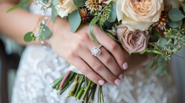 Elegant Bride with Diamond Engagement Ring and Pastel Wedding Bouquet