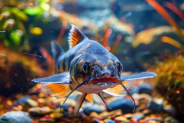 Sticker - Catfish, Mud Cat, Polliwog, Chucklehead, Full Body Shot in a Colorful, Well Lit Aquarium Setting.