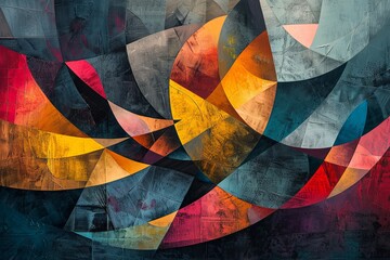 Aufkleber - Complex abstract collage featuring overlapping geometric shapes in a rich palette of red, yellow, and blue, textured for depth.
