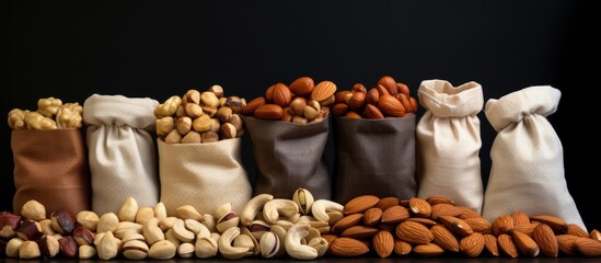 Poster - A variety of nuts including almond macadamia peanut and cashew are arranged neatly together in a bag leaving blank space for other items to be added in the image. Copy space image