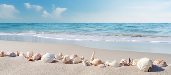 Sticker - A serene beach scene with seashells scattered on soft sand creating a perfect backdrop for a summer vacation by the sea Copy space image