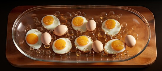 Wall Mural - Cooking with eggs in the kitchen the shells are neatly arranged on a plate creating a visually appealing copy space image