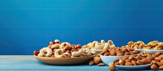 Wall Mural - A variety of nuts including pine nuts almonds cashews and hazelnuts are arranged on a wave ceramic plate The plate is set against a blue wooden background creating a shallow depth of field Copy space