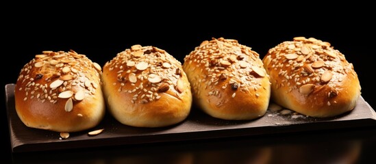 Poster - The whole grain bread rolls are freshly baked and topped with delicious oats nuts and seeds. Copy space image. Place for adding text and design