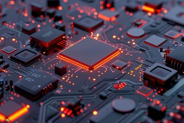 Poster - Close up of a circuit board with red lights, perfect for technology concepts