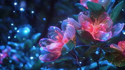 Cybernetic gardens bloom with luminescent flora background