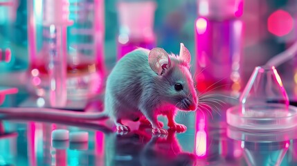 Poster - a photo of a laboratory mouse in a cage in a scientific laboratory.