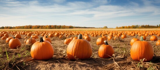 Wall Mural - Field filled with ripe orange pumpkins offering ample copy space image