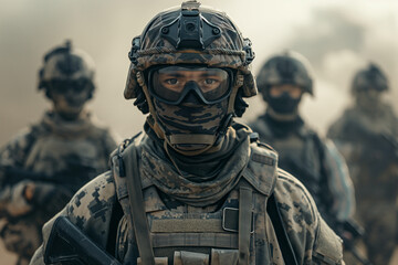 Wall Mural - Close up of military infantry face with weapons looking to the camera