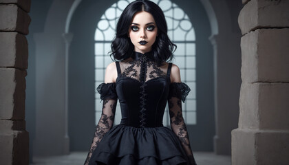 An ethereal goth woman exudes vintage allure and modern mystique as she poses with confidence and poise against the backdrop of a grand and opulent Victorian-style corridor.