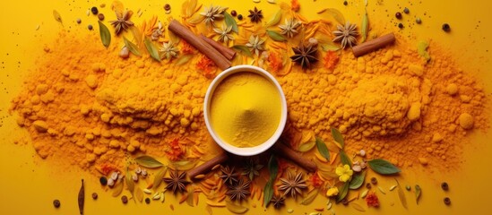 Wall Mural - Top view of a yellow surface adorned with a captivating spices pattern offering a flat lay arrangement and an open space for adding an image. Copy space image. Place for adding text and design