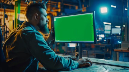 Poster - on the green mock-up screen of the computer, an industrial engineer works on the computer inside the