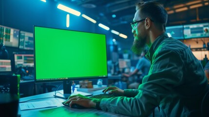 Poster - an industrial engineer works on a computer inside a heavy industry factory with a mock-up screen in 