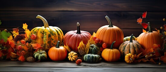 Canvas Print - Celebrate Thanksgiving or Halloween with vibrant pumpkins in various shapes and colors accompanied by autumn leaves and adorned tables embodying the essence of these cherished holidays Copy space ima