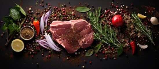 Wall Mural - Top view of a gray background showcasing a tantalizing blend of spices and herbs meticulously arranged with raw uncooked liver for an appetizing cooking scene Copy space image included