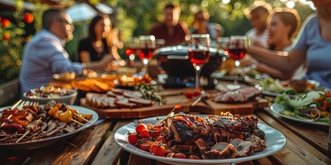 Backyard dinner table filled with food for a family celebration with wine and grilled meats