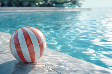 White and red stripes ball on the edge of swimming pool on summertime, top view, 3d render