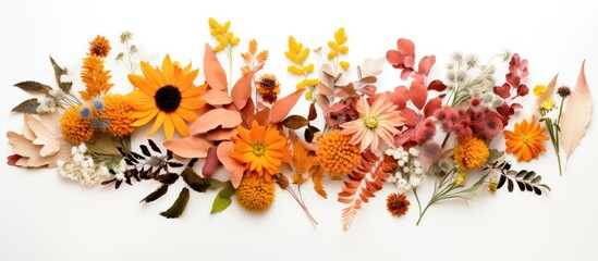 Wall Mural - A fresh collection of autumn flowers beautifully arranged on a white background creating a floral composition that reflects the essence of fall The image is taken from a top down perspective offering