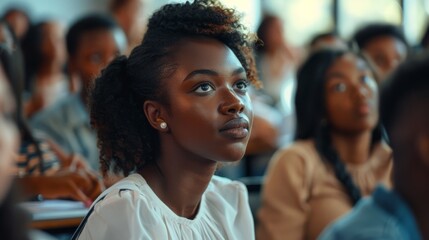 Poster - black female student sitting in class, listening to lecture with her fellow students.