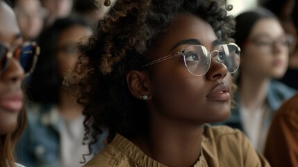 Poster - close-up of a black female student taking notes on a lecture in the classroom.