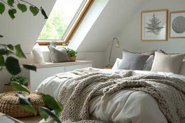 Wall Mural - Bed with pillows besides rug and windows in spacious white bedroom at modern loft apartment