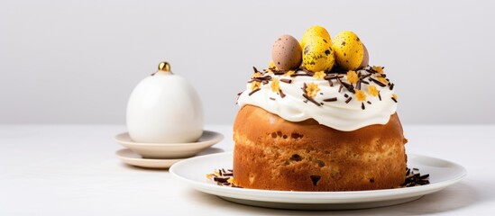 Poster - An Easter cake called Kulich adorned with icing and a chocolate nest along with golden eggs is placed on a plate against a white background The image is a flat lay style with ample copy space