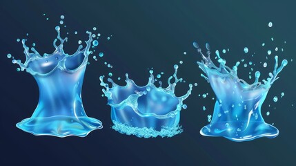 Poster - A realistic 3D modern illustration of water splashing on transparent background. Hydrogen ad featuring an aqua liquid in the shape of a crown with dynamic motion elements, spray droplets side view.