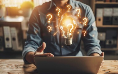 Poster - innovative businessman with glowing light bulb and question marks conceptualizing ideas