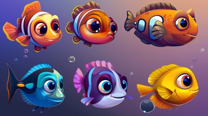 Wall Mural - Various types of sea fish with big eyes and cute mouths, characters for computer games, cartoon illustration of goldfish, piranhas, clowns, puffers, and piranha animals.