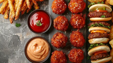 Wall Mural - Top view of an assortment platter with ketchup, mustard and french fries on the side along