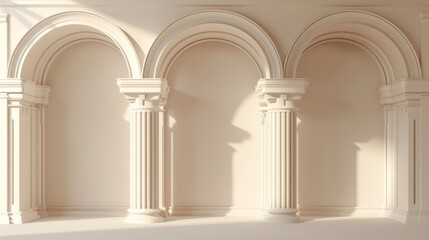 Wall Mural - A wall with columns, an interior gate with white pillars in a palace, a portal entrance, an antique doorway, and a sun light coming from the outside. Realistic 3D modern illustration.