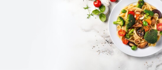 A healthy vegetarian pasta dish with broccoli tomatoes bell pepper and eggplant served on a white plate against a light gray background The view from above showcases the meal with copy space availabl