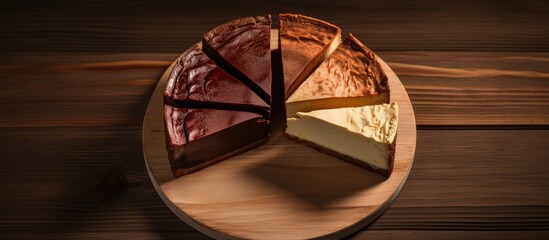 The image shows a pie chart made of three differently colored pieces of chocolate pound cake The cake is placed on a brown wooden board. Copy space image. Place for adding text and design