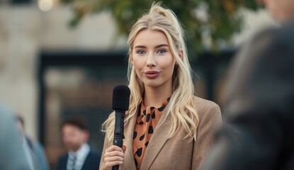 Wall Mural - A beautiful blonde female reporter with microphone doing live news in front of business people at press conference outside,