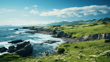 Wall Mural - A Tall Green Grass Field On Top of A Cliff Edge Landscape Background
