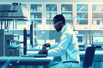Poster - A man in a lab coat using a laptop, suitable for scientific or technology concepts
