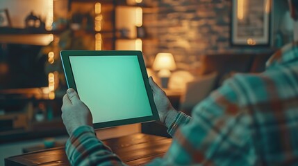 Poster - A close-up of a man using hand gestures on a green mock-up screen digital tablet while sitting at his desk. A cozy living room backdrop is in the background.