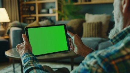 Poster - Digital Tablet Computer with a Green Mock-up Screen, with a Man Operating it and Making Hand Gestures as He Sits at a Desk. Enjoying the Internet or Buying Things. The background shows a cozy living