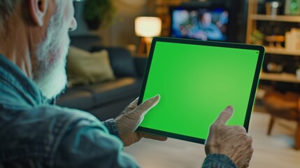 Poster - An image of a man using hand gestures on a digital tablet computer in portrait mode while seated at his desk. In the background, a cozy living room is visible.