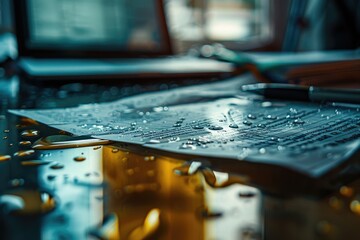 Poster - A laptop computer sitting on a table covered in water. Suitable for technology or water damage concept