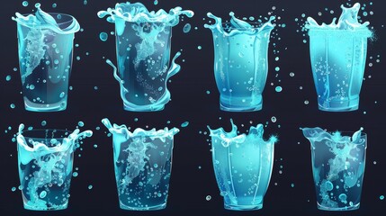 Poster - 3d modern illustration of aerosol air bubbles, effervescent water fizzing. Dynamic aqua motion, random underwater fizzing, soda drink design elements isolated on transparent background, realistic 3d