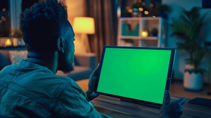 Poster - Watching videos on a green mock-up screen on a digital tablet computer while seated at a desk. Cozy living room in background.