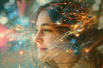 Female teen smiling confidently overlaid with an illustrative LED light neural network to symbolise ideas and innovation 